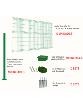 KIT - 10 Rejas Malla Acmafor 3d 1830x2500mm con Poste Verde 1900mm