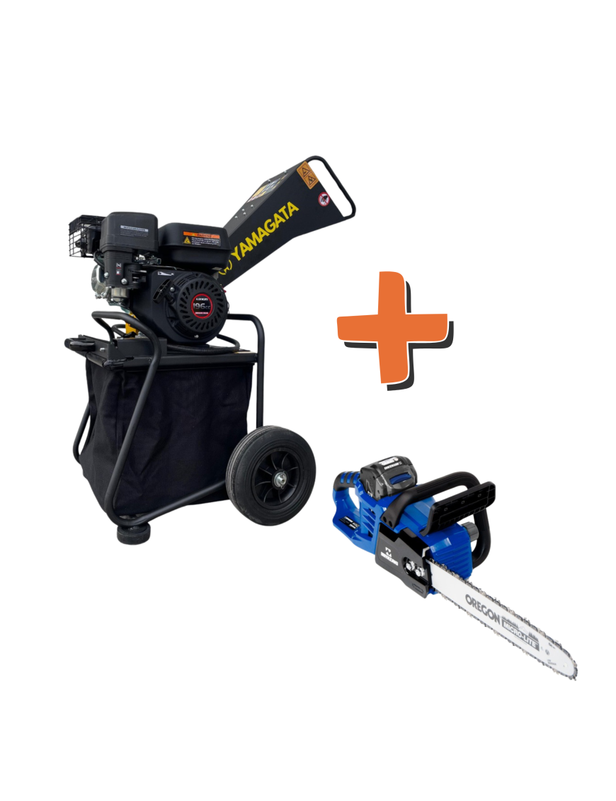 PACK - Chipeadora Hogar a Gasolina 6.5hp Ajustable Loncin 2" + Motosierra litio 16" Cadena Oregon