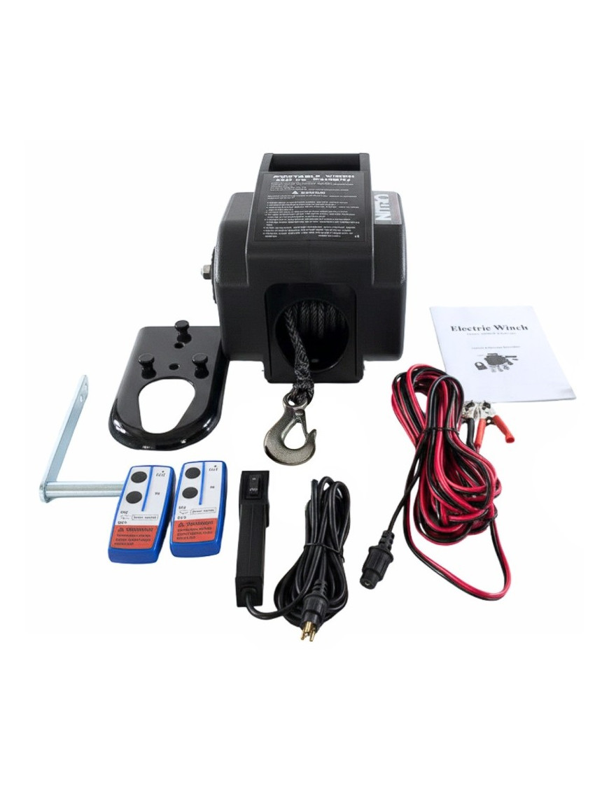 Winche Eléctrico Portátil 3.000 libras 12v Piola Sintética desmontable y control remoto