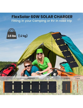 FlexSolar Panel Solar Cargador Plegable de 60 W USB-A USB-C CC y DC 20-28V Portátil de Emergencia Monocristalino Impermeable