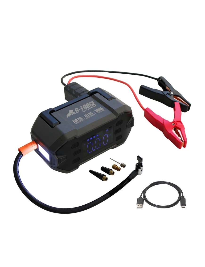 Partidor Arrancador de Baterías 3000A y Compresor 12V con Linterna y Power Bank G-FORCE