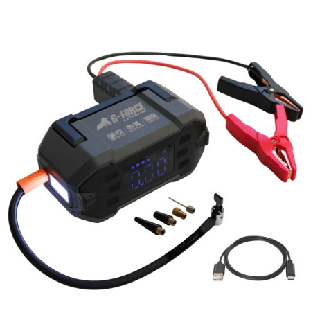 Partidor Arrancador de Baterías 3000A y Compresor 12V con Linterna y Power Bank G-FORCE
