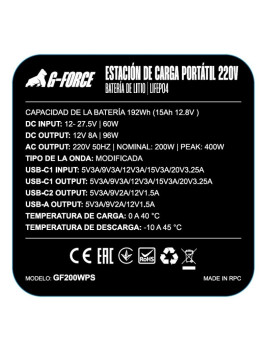 Estación de Energía Portátil 200W 220V AC y 12V DC con Salidas USB 192Wh G-FORCE y Bolso